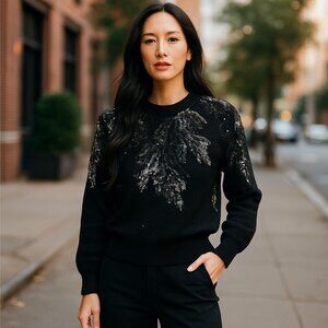 Vivien Forest Black Beaded Lambswool Sweater Sz M